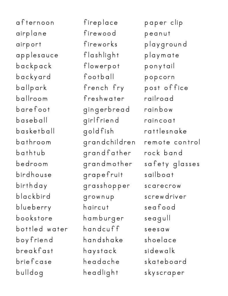 Compound Words - our list contains over 500 words