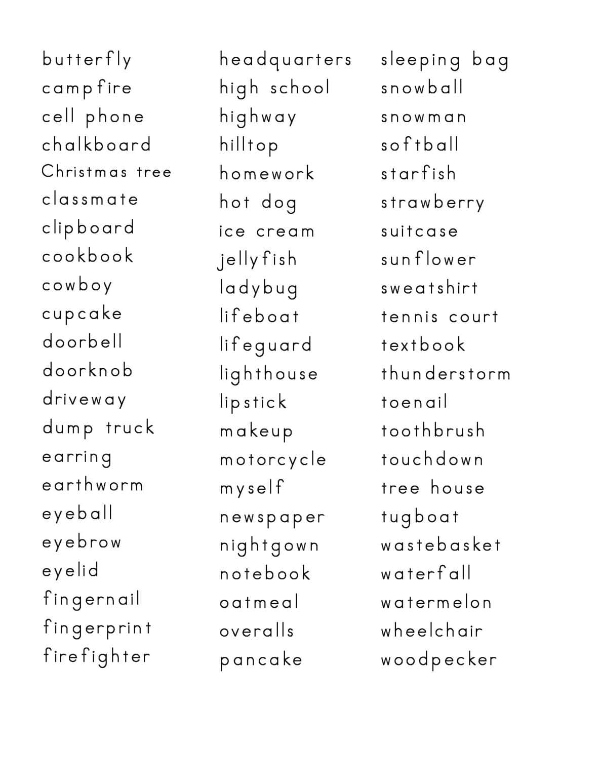 Compound Words - our list contains over 500 words