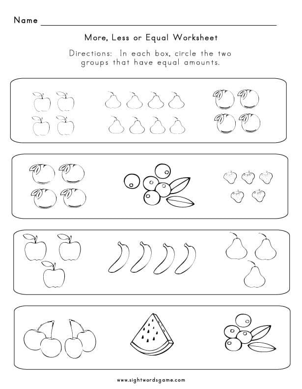 More Less Or Equal Sight Words Reading Writing Spelling Worksheets