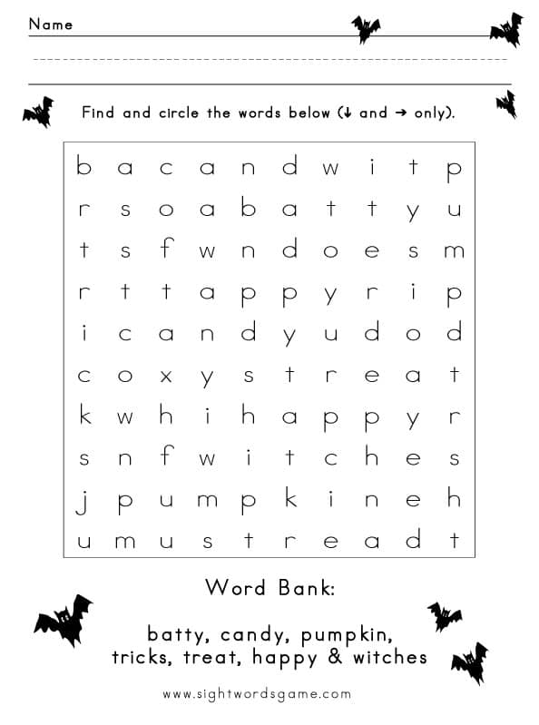 Halloween Games - Easy Word Search - Sight Words, Reading, Writing